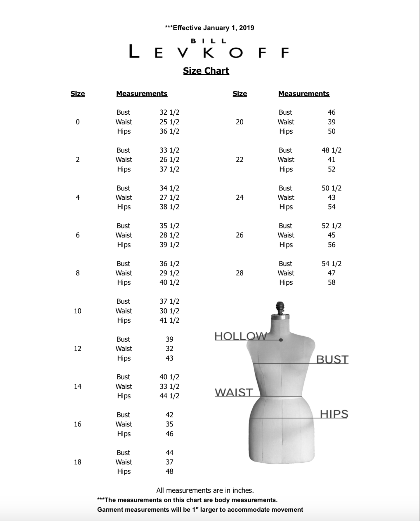 Bill Levkoff Size Chart 2017